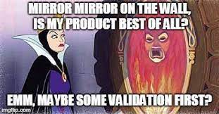 Young queen asking mirror about product validation